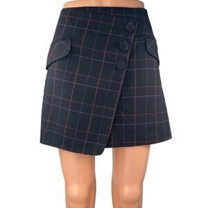 Trina Turk Black Multicolor Plaid Checkered Tartan Button Wrap Mini Skirt Size 6